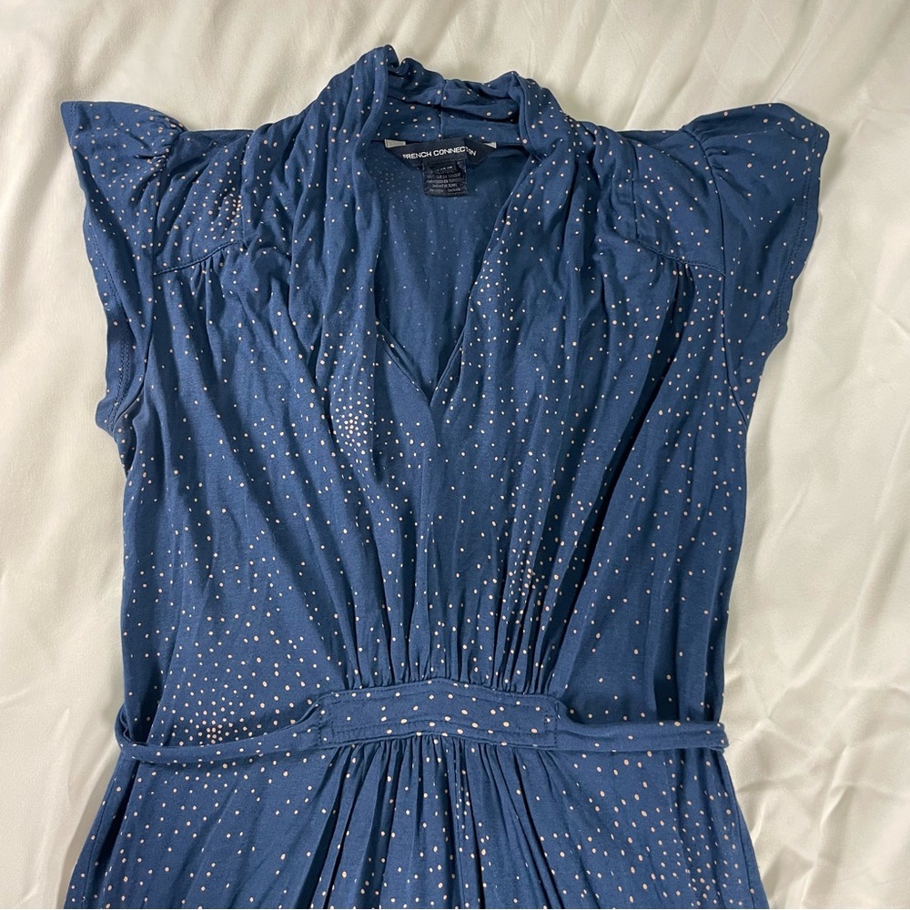 Blue Polka Dot Mini Dress ✨ Flutter Sleeve Tie Waist Feminine Chic Size 2 - Picture 3 of 10
